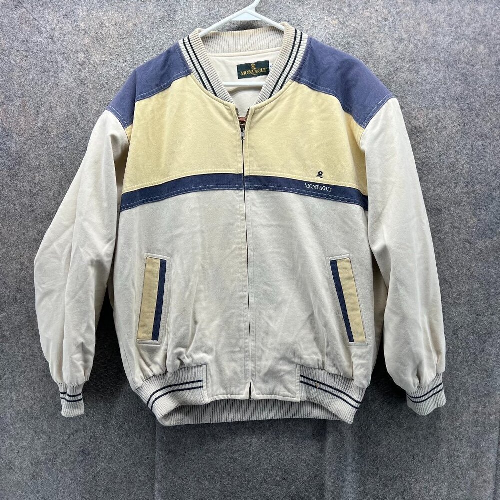 Vintage Montagut Jacket Mens 46 Beige Blue Yellow Colorblock Bomber Full Zip